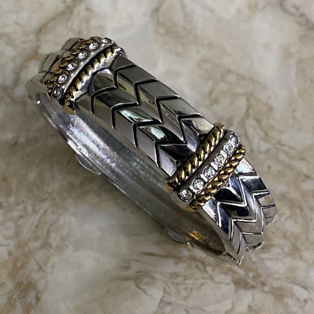 NWOT Two-Tone Silver/Gold & Rhinestone Spring Hinge Cuff Bracelet - Picture 3 of 12